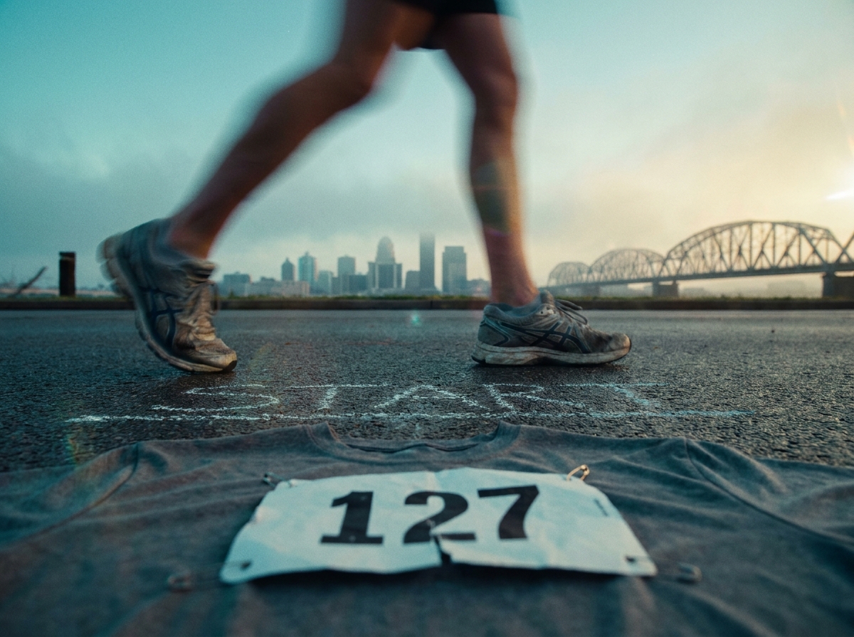 Runner mid-stride crossing a chalk START line on damp pavement, race bib in the foreground, Louisville skyline and bridge silhouetted in the misty dawn.