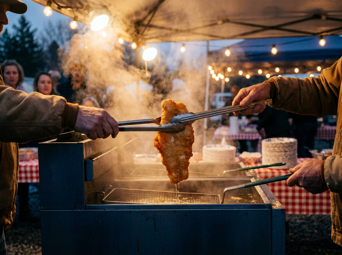 Volunteers lifting golden battered cod from a fryer at an outdoor parish fish fry under warm festival string lights.