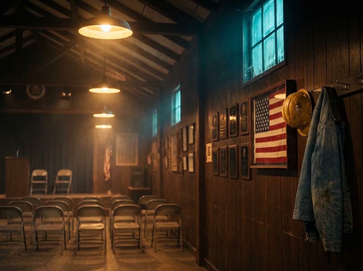 Interior of a working-class American union hall - wood paneling, American flag, hard hat and denim jacket on a peg, rows of folding chairs.