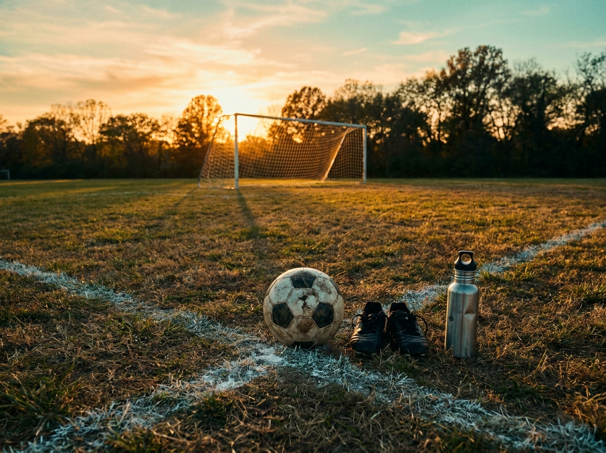 Empty youth soccer field at golden hour - soccer ball, cleats, and water bottle on a chalk line in front of an empty goal.