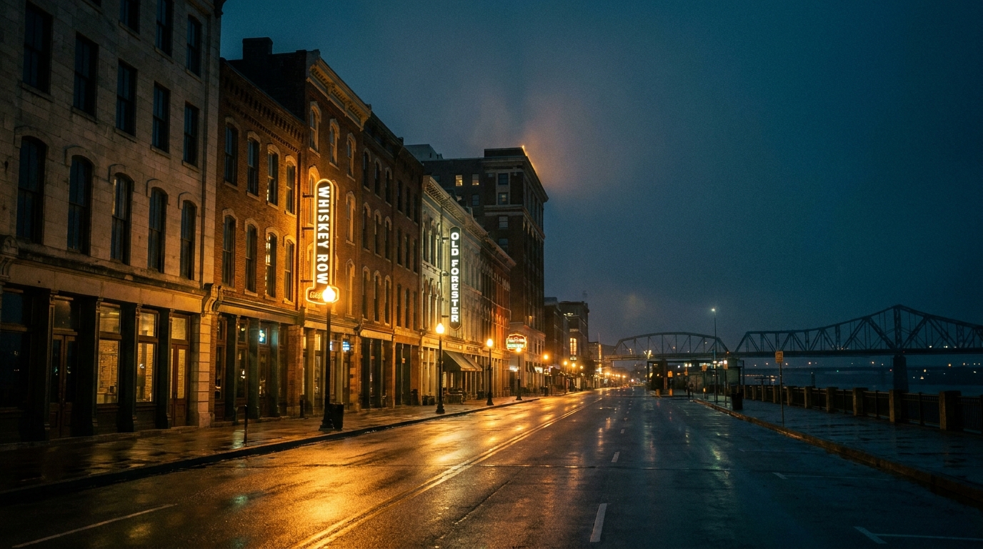 Whiskey Row in downtown Louisville at twilight, wet streets reflecting warm light, bridge silhouetted in the distance.