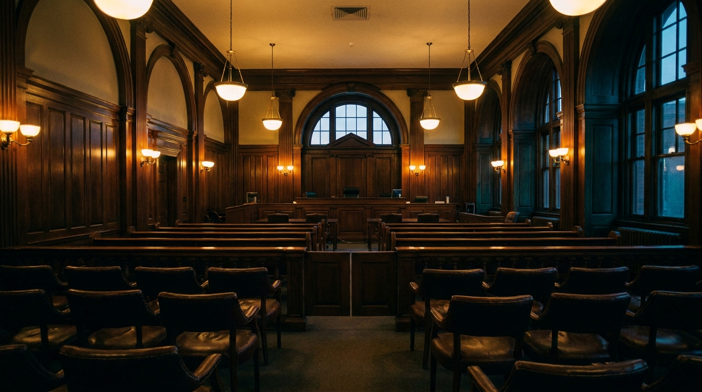 Empty wood-paneled courtroom interior at dusk, warm pendant lights glowing.