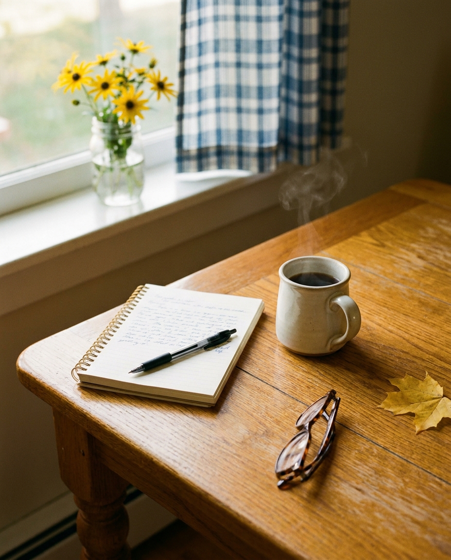 An open notebook with handwritten notes, a coffee mug, reading glasses and an autumn leaf on a sunlit oak table.
