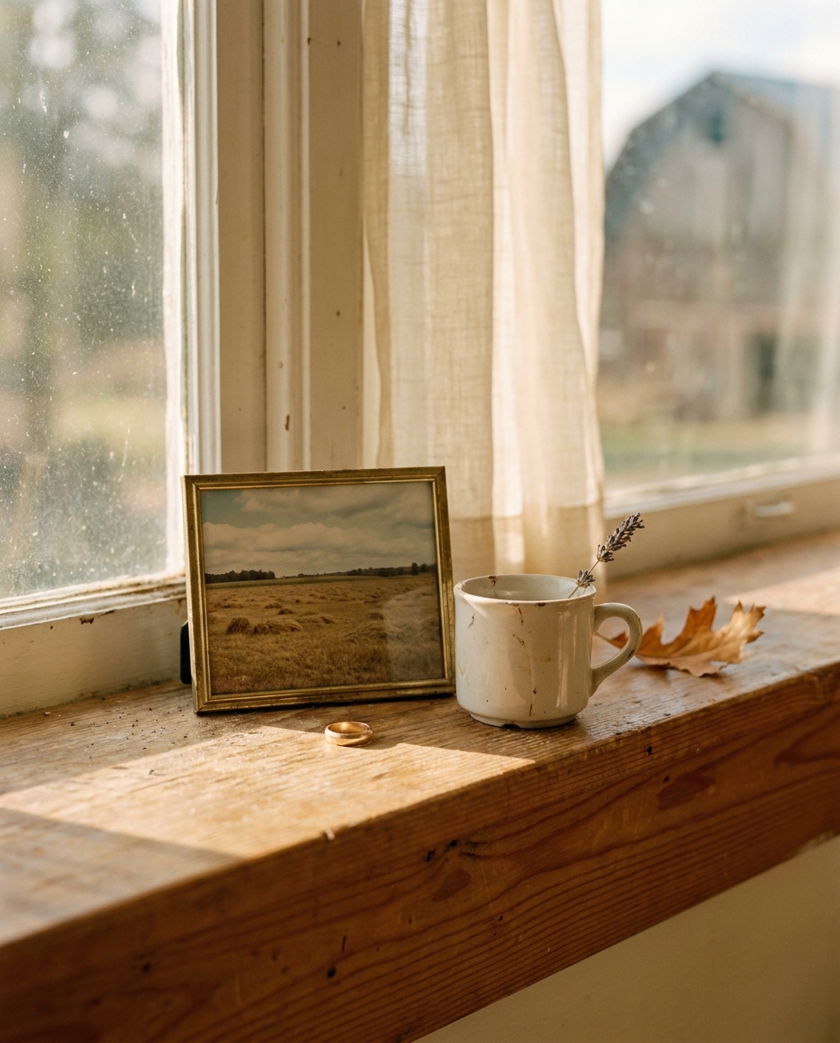 A gold wedding band, a small framed Kentucky farm photo and a chipped ceramic mug on a sunlit pine windowsill.