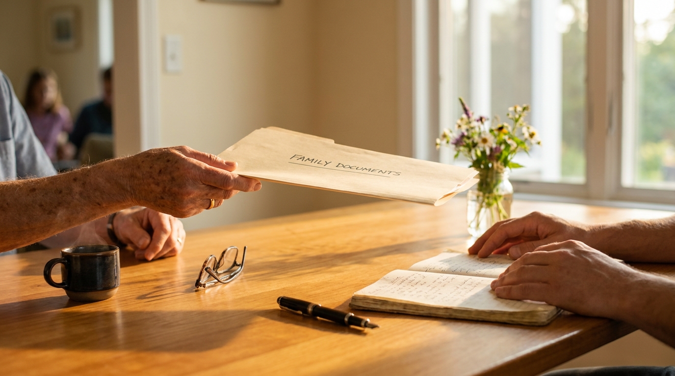 Two pairs of hands passing a folder of family documents across a wooden kitchen table in golden afternoon light.