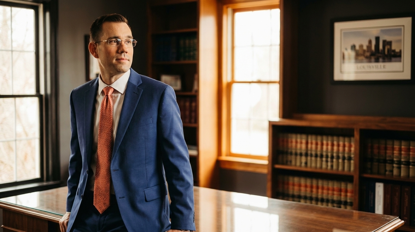 Tony Colyer in his Louisville law office, golden afternoon light, Louisville skyline print on the wall.