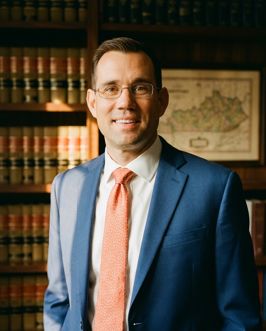 Tony Colyer in his Louisville law office, in front of a wall of law books and a Kentucky map.