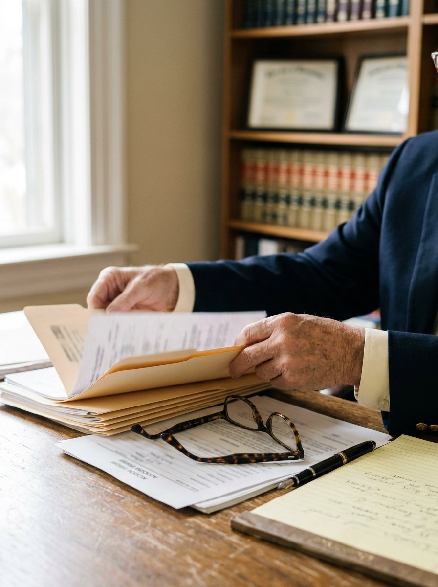 A Colyer Law Firm attorney reviewing a case file, medical records, and notes in the Louisville office.