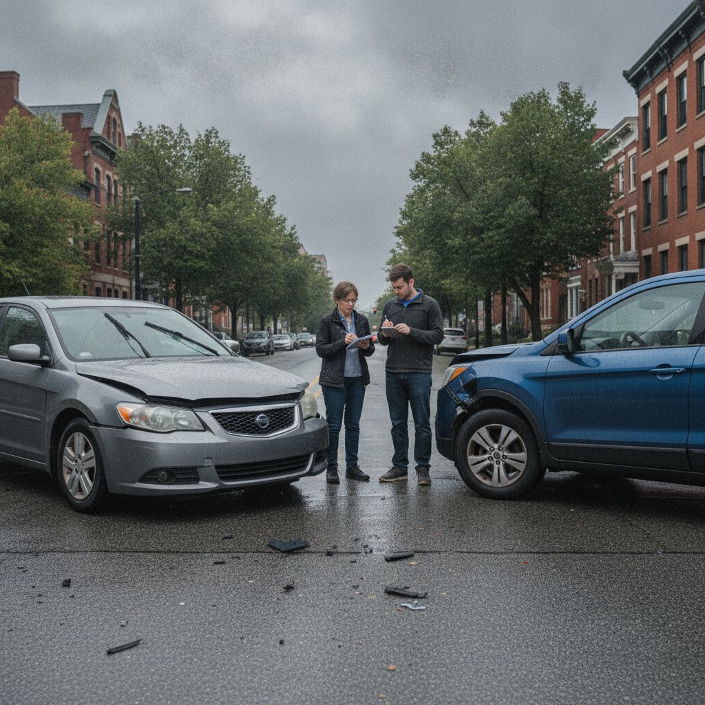 Two cars after a minor collision on a Louisville street, drivers exchanging information, overcast