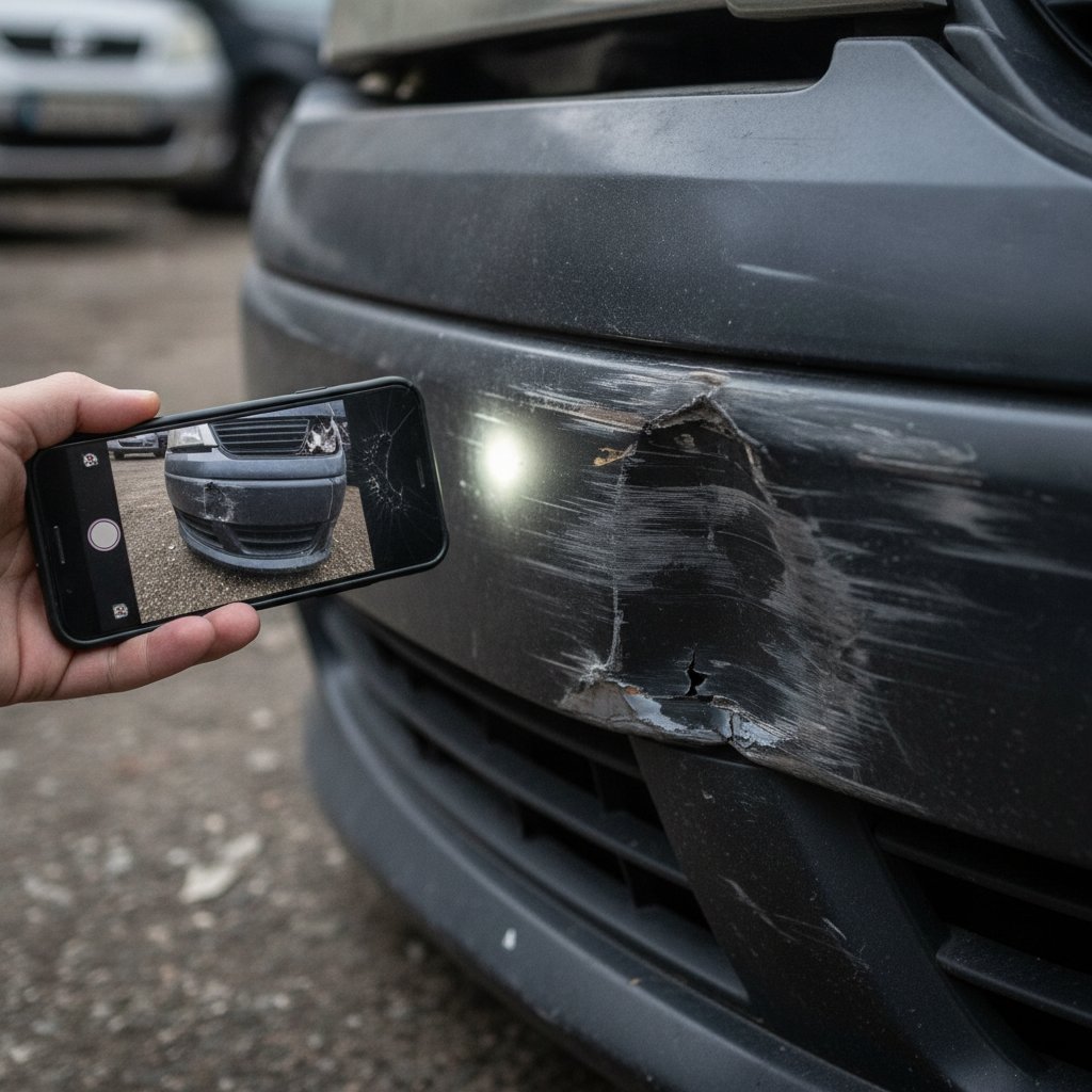 Close-up of a damaged car bumper and a smartphone taking photos