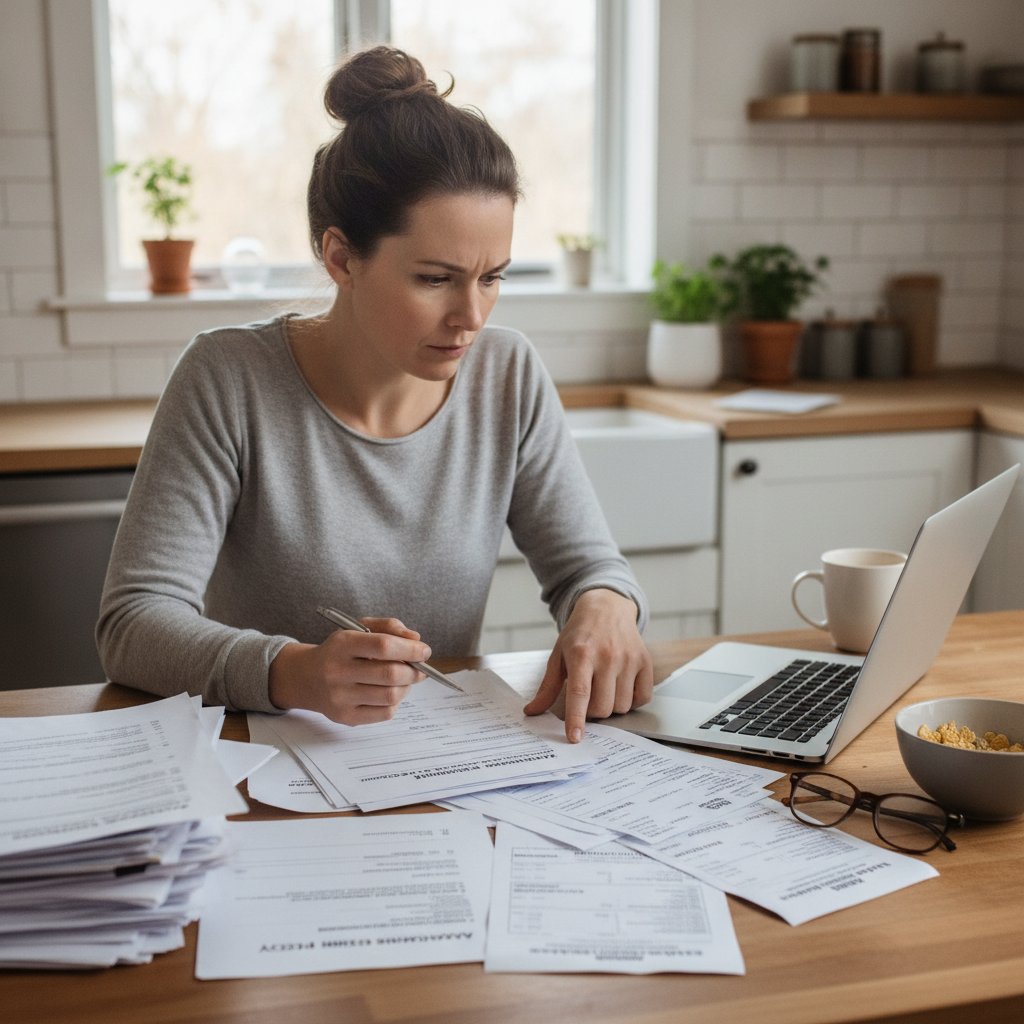 Person reviewing car insurance paperwork and medical bills at a kitchen table
