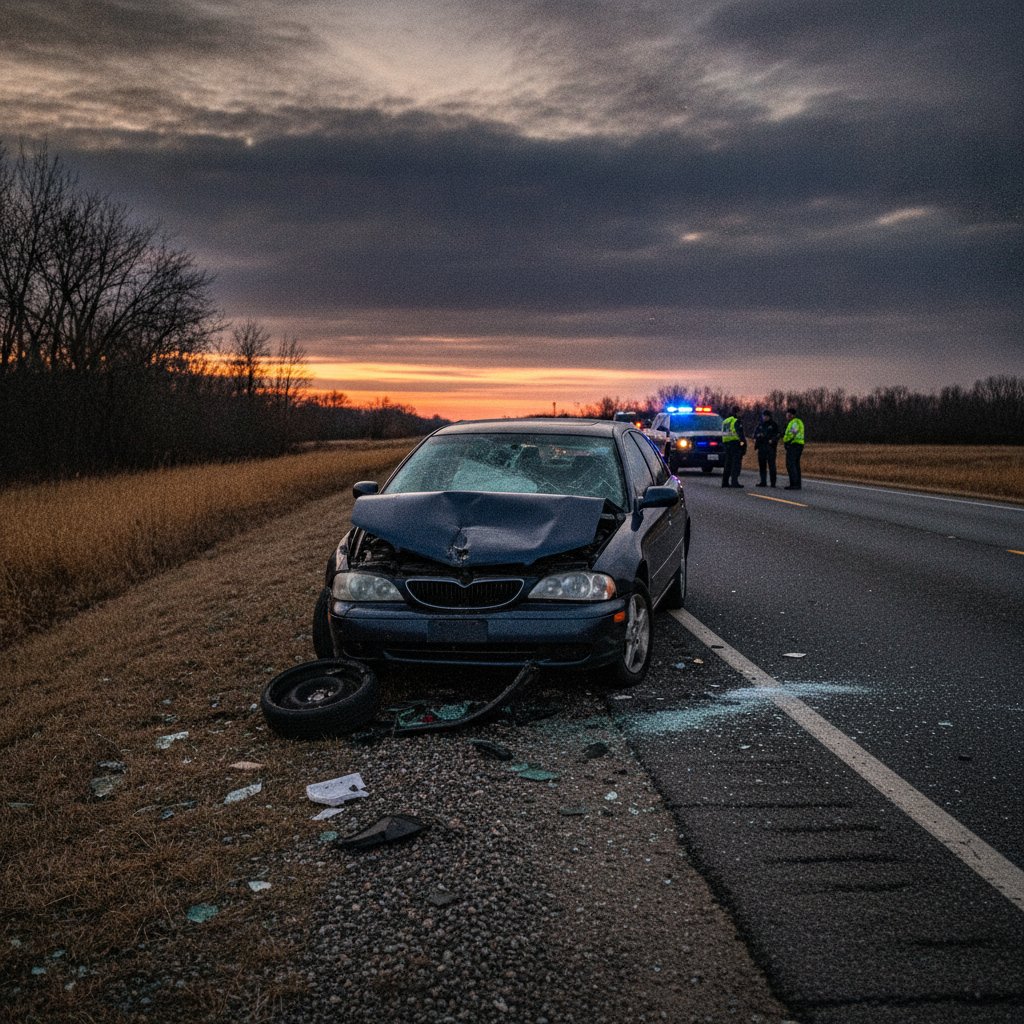 Damaged sedan on the roadside after a crash, police car lights in background, dusk