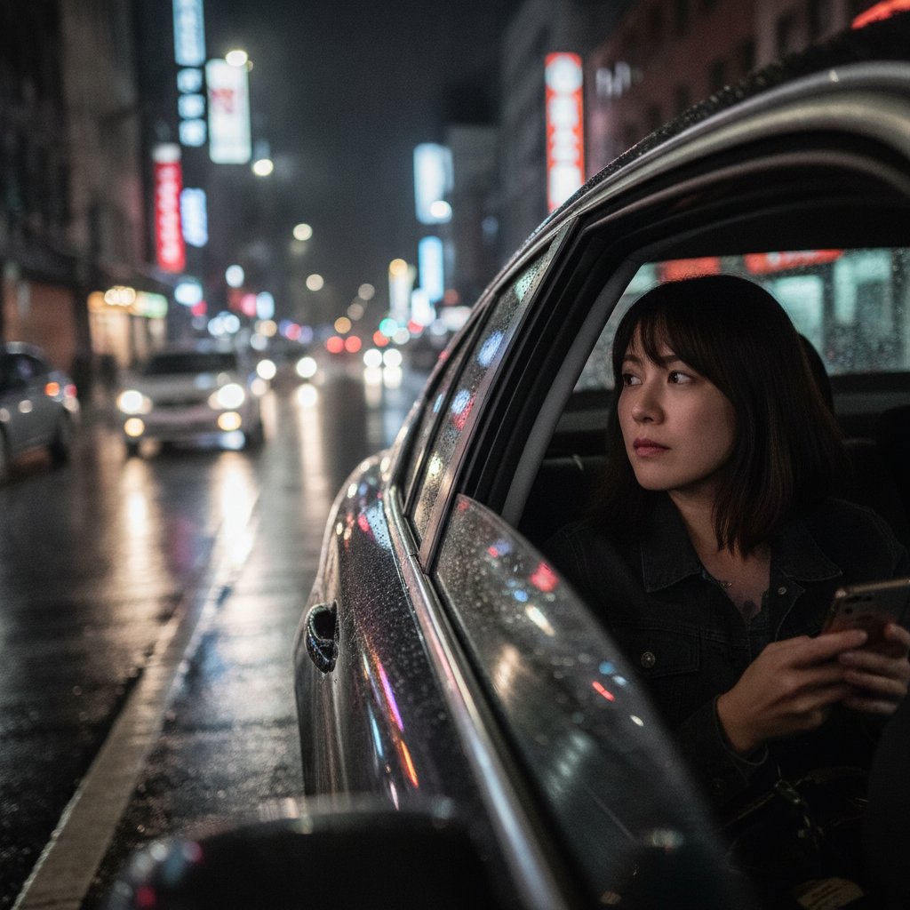 Rideshare passenger in the back seat of a car at night on a city street, generic car, no app logos