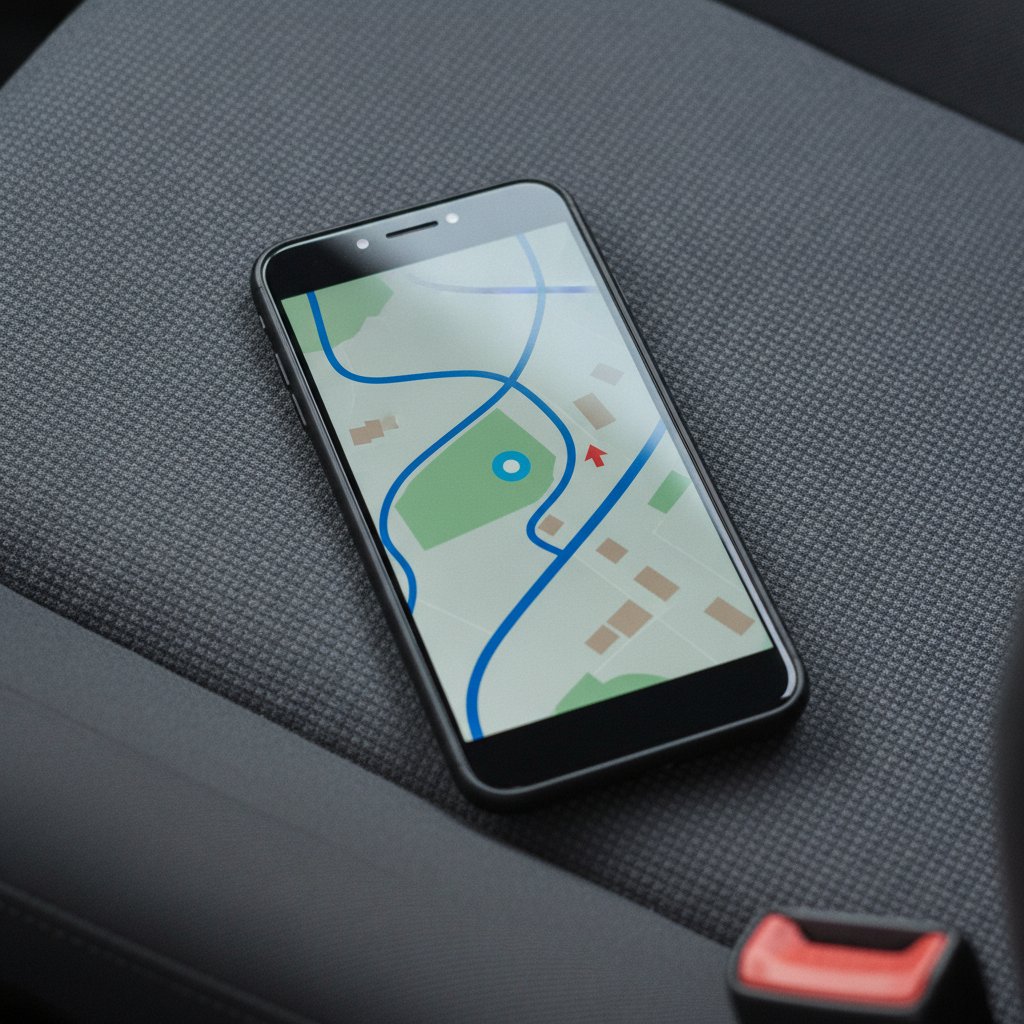 Smartphone on a car seat showing a generic map, no logos
