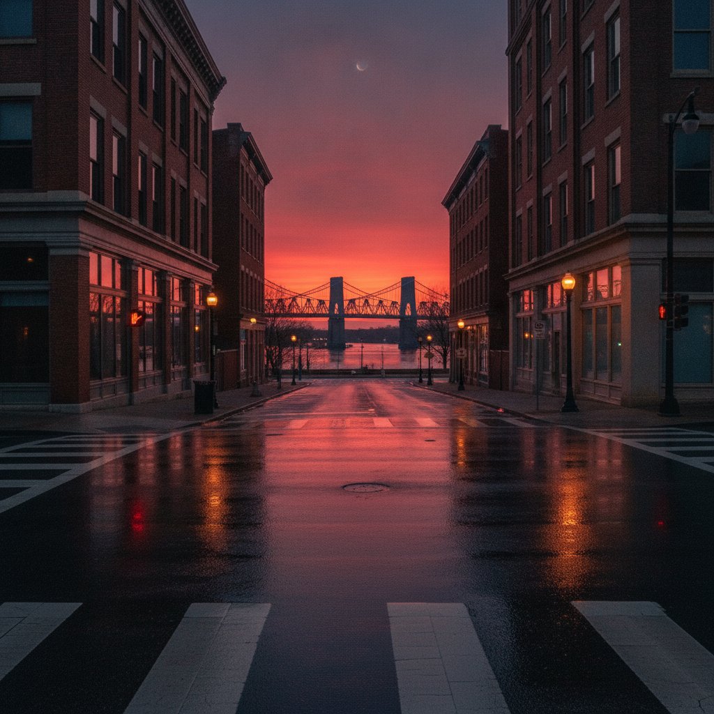 Empty urban crosswalk with pedestrian signal at dusk in a Kentucky city