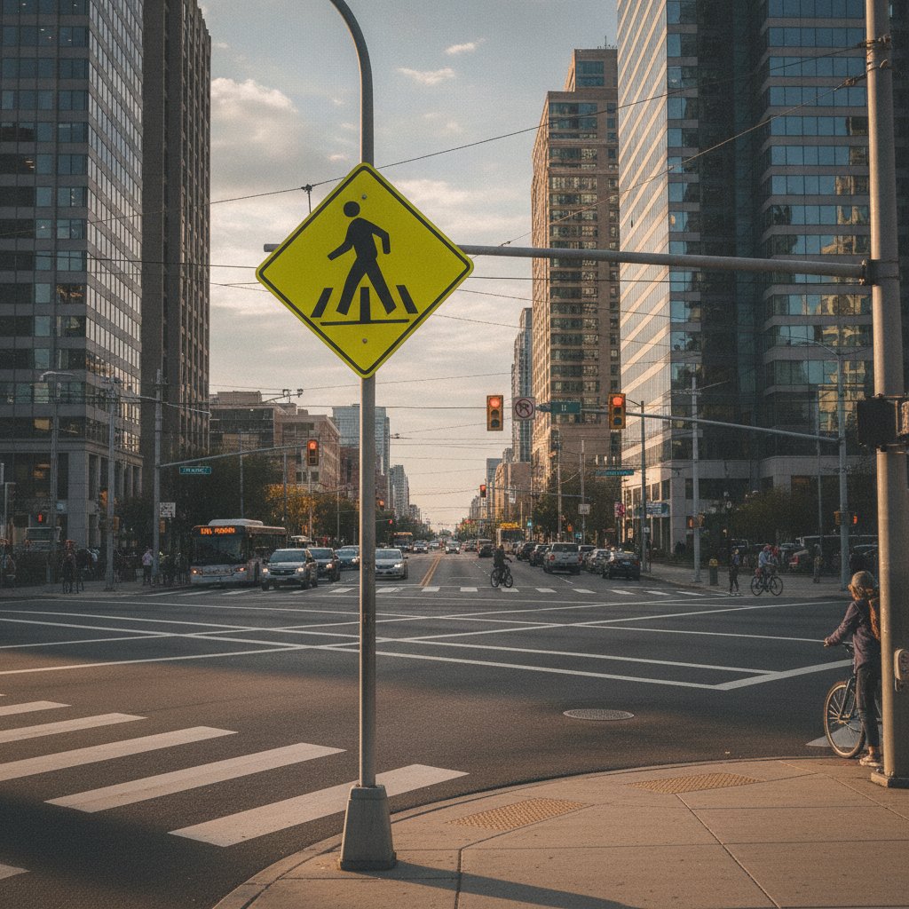 Pedestrian crossing sign at an intersection