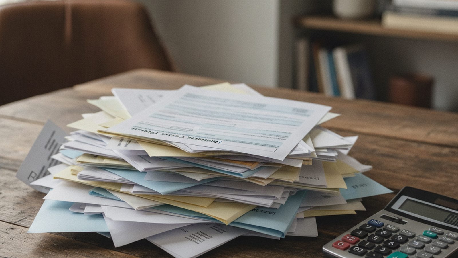 An overhead view of medical bills and a Kentucky insurance form on a desk.