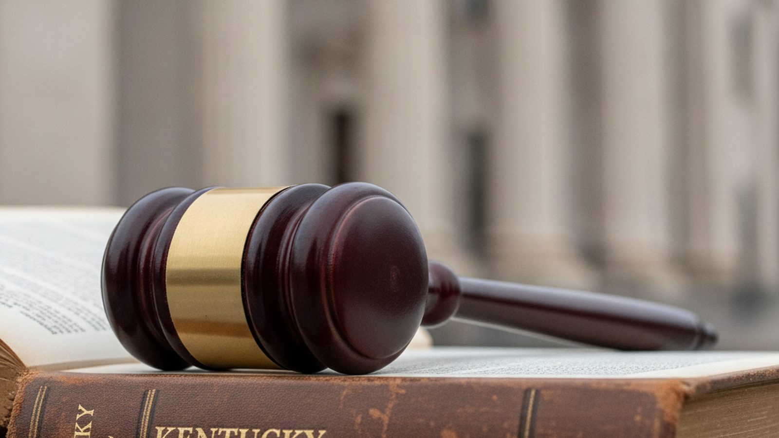 A wooden gavel and a law book on a table in front of courthouse pillars.