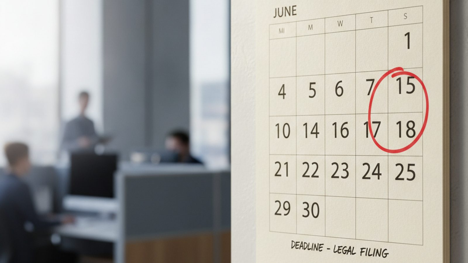 A close-up of a wall calendar with a date circled in red marker, indicating a deadline.