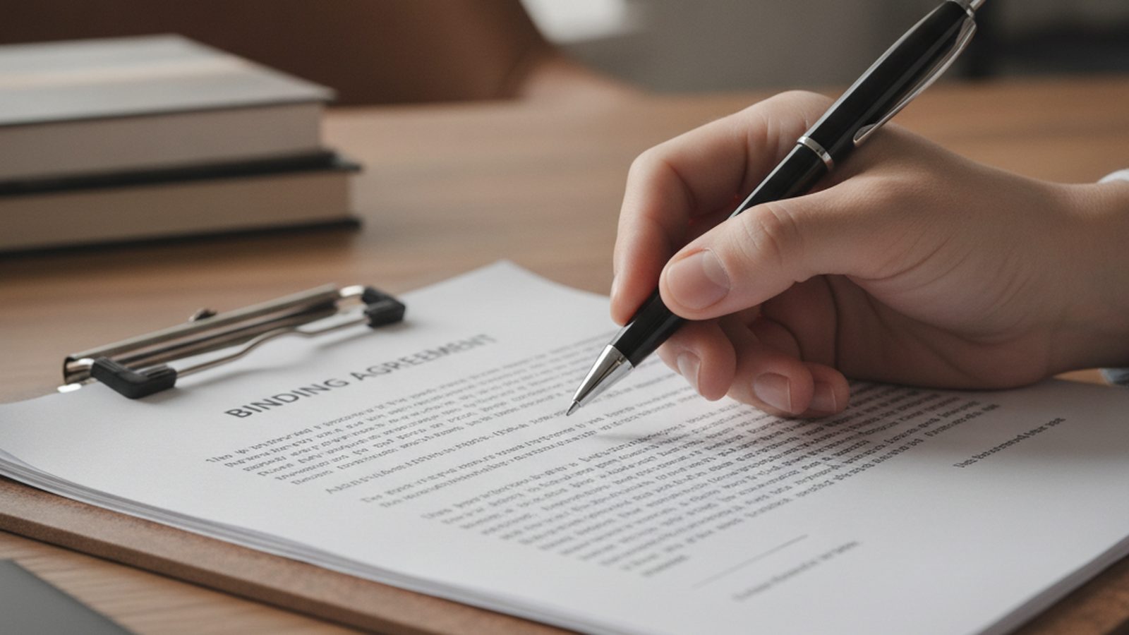 A person's hand holding a pen, about to sign an official insurance waiver form.