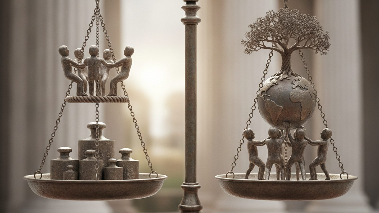 A classic brass scale of justice with weights on both sides, representing shared fault.