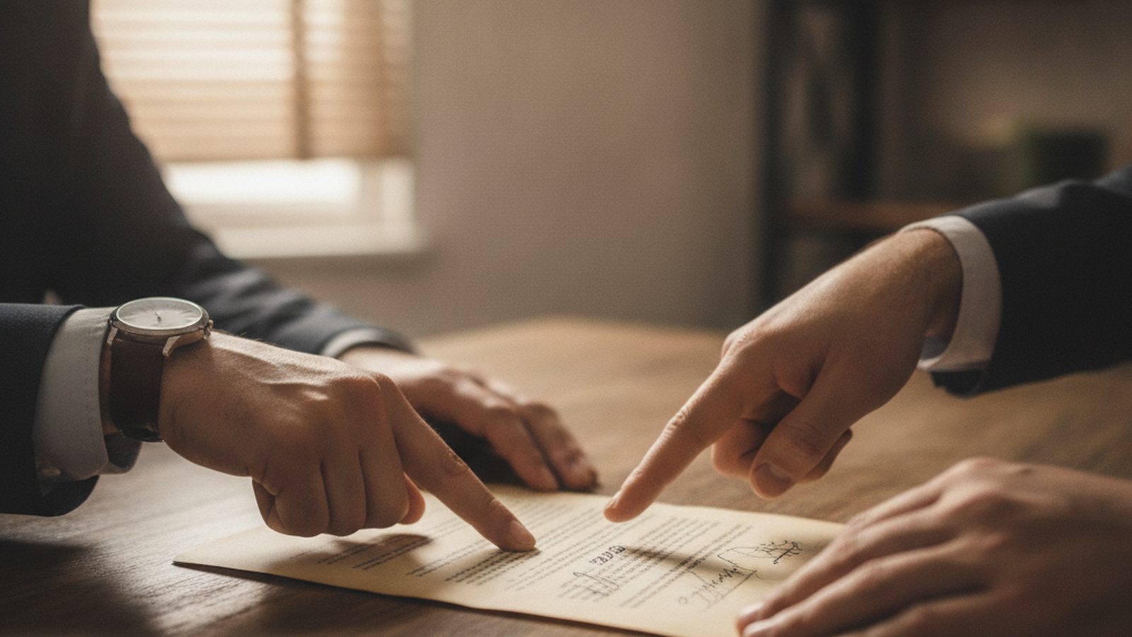 Two people's hands on opposite sides of a desk during a serious negotiation meeting.
