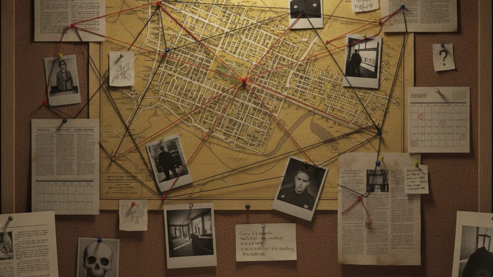 An evidence board with photos and notes connected by red string, showing an investigation.