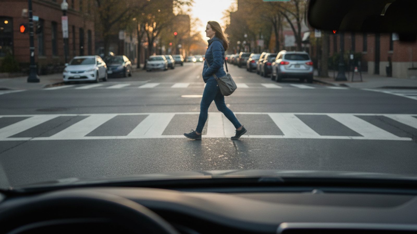 View from inside a car stopped for a person walking in a marked urban crosswalk.