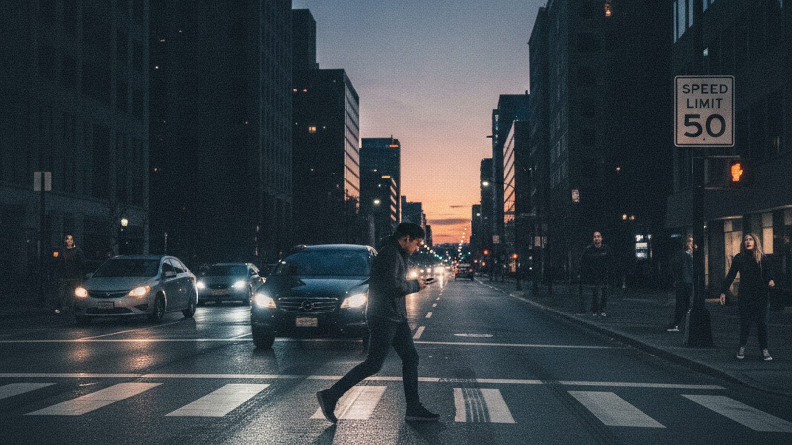 Louisville street scene depicting a car approaching a jaywalking pedestrian, suggesting shared responsibility.