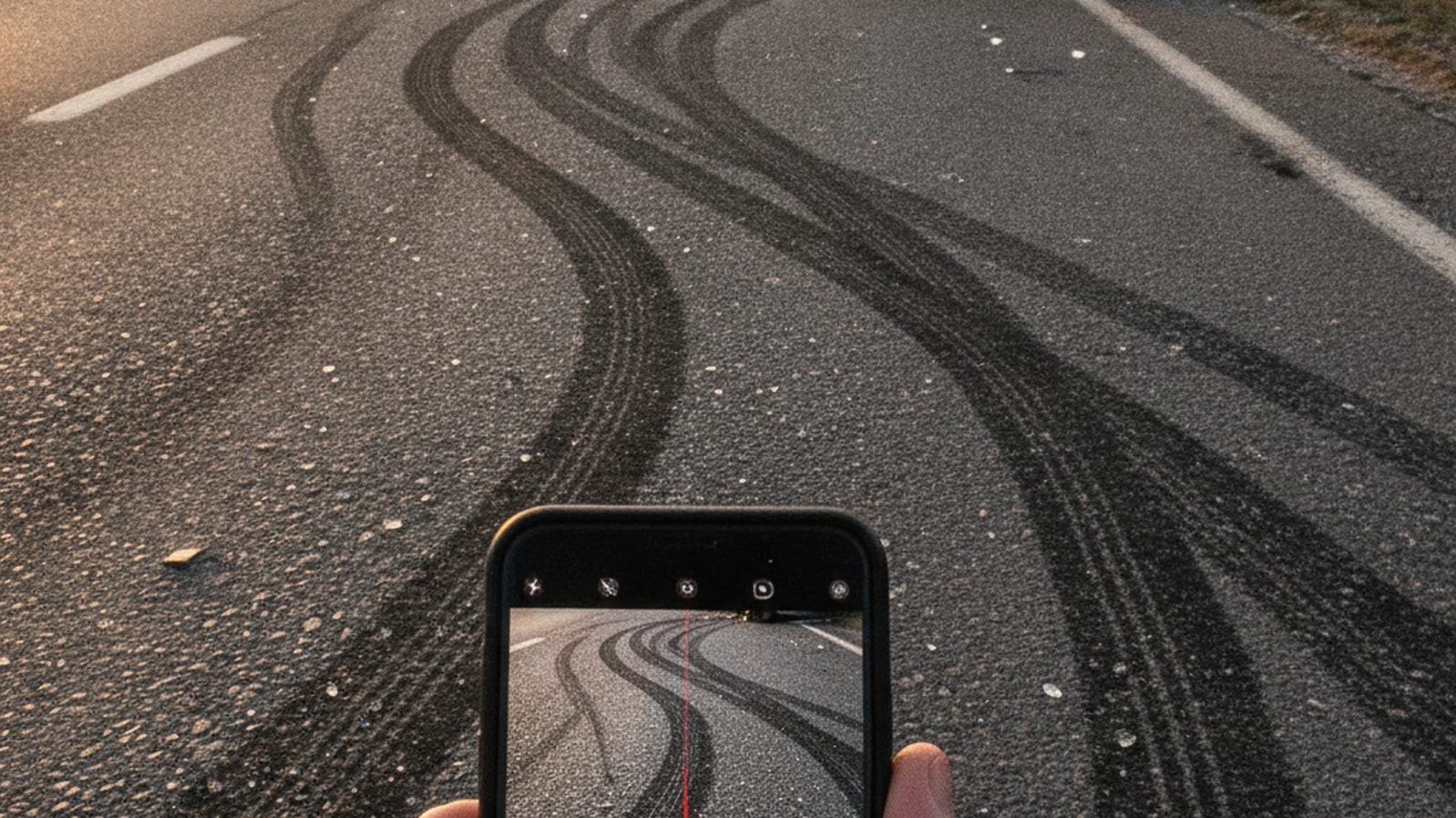 Person using a smartphone to photograph skid marks on the road as evidence after a pedestrian accident.