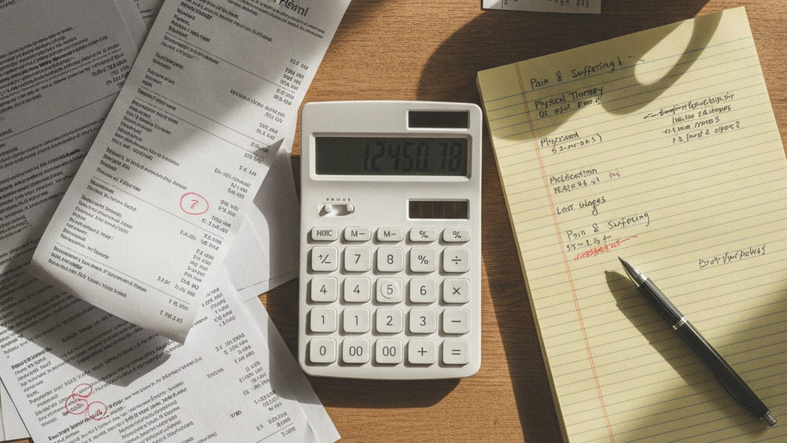 Desk with medical bills, a calculator, and a notepad, symbolizing the process of calculating compensation.