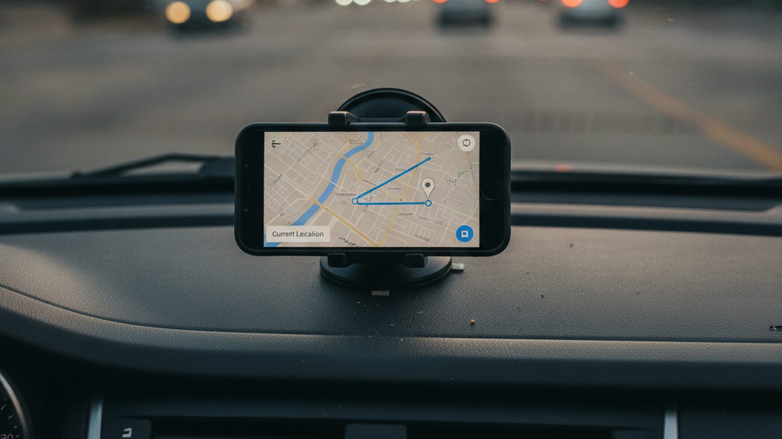 A smartphone on a car's dashboard showing a rideshare app with a map and route.