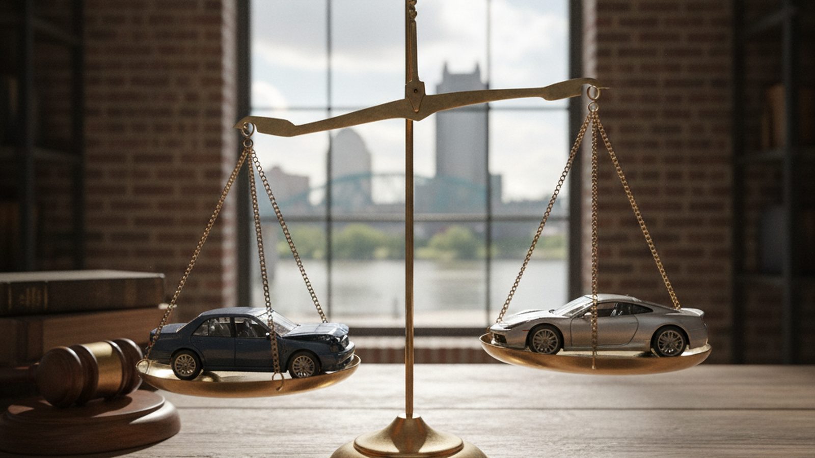 A set of scales balancing two small model cars, symbolizing legal fault in an accident.