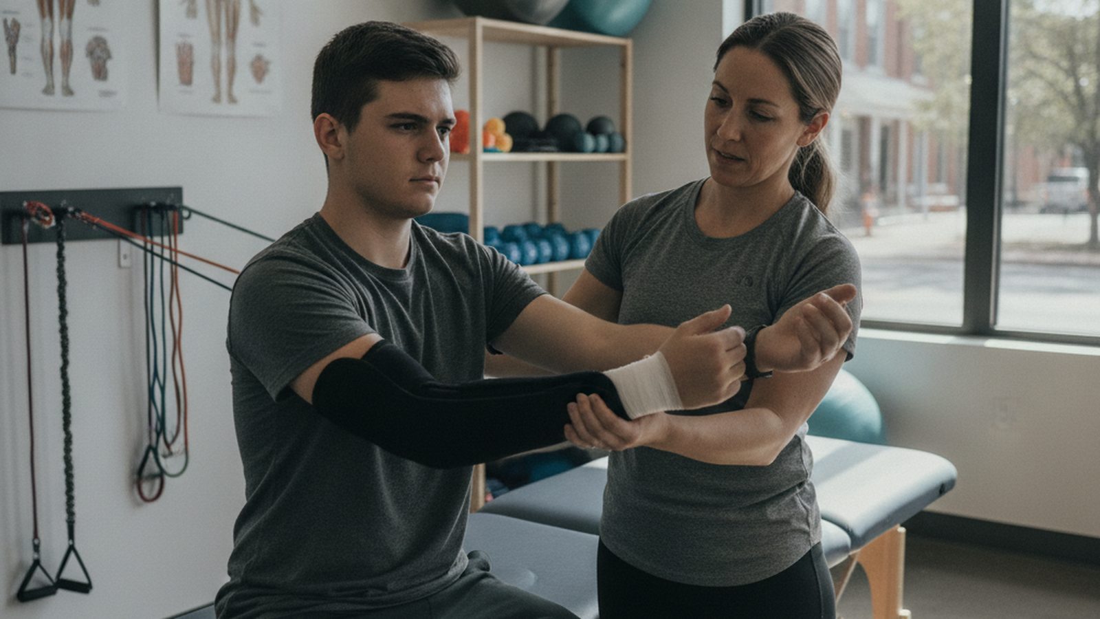 A person receiving physical therapy for an arm injury sustained in a car accident.