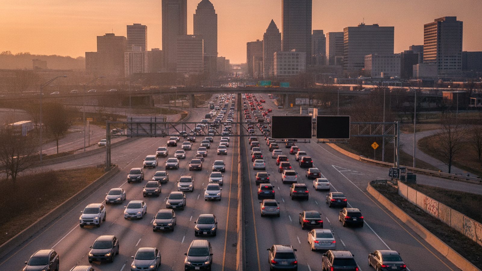 Heavy traffic on a multi-lane highway in Louisville, Kentucky during rush hour.