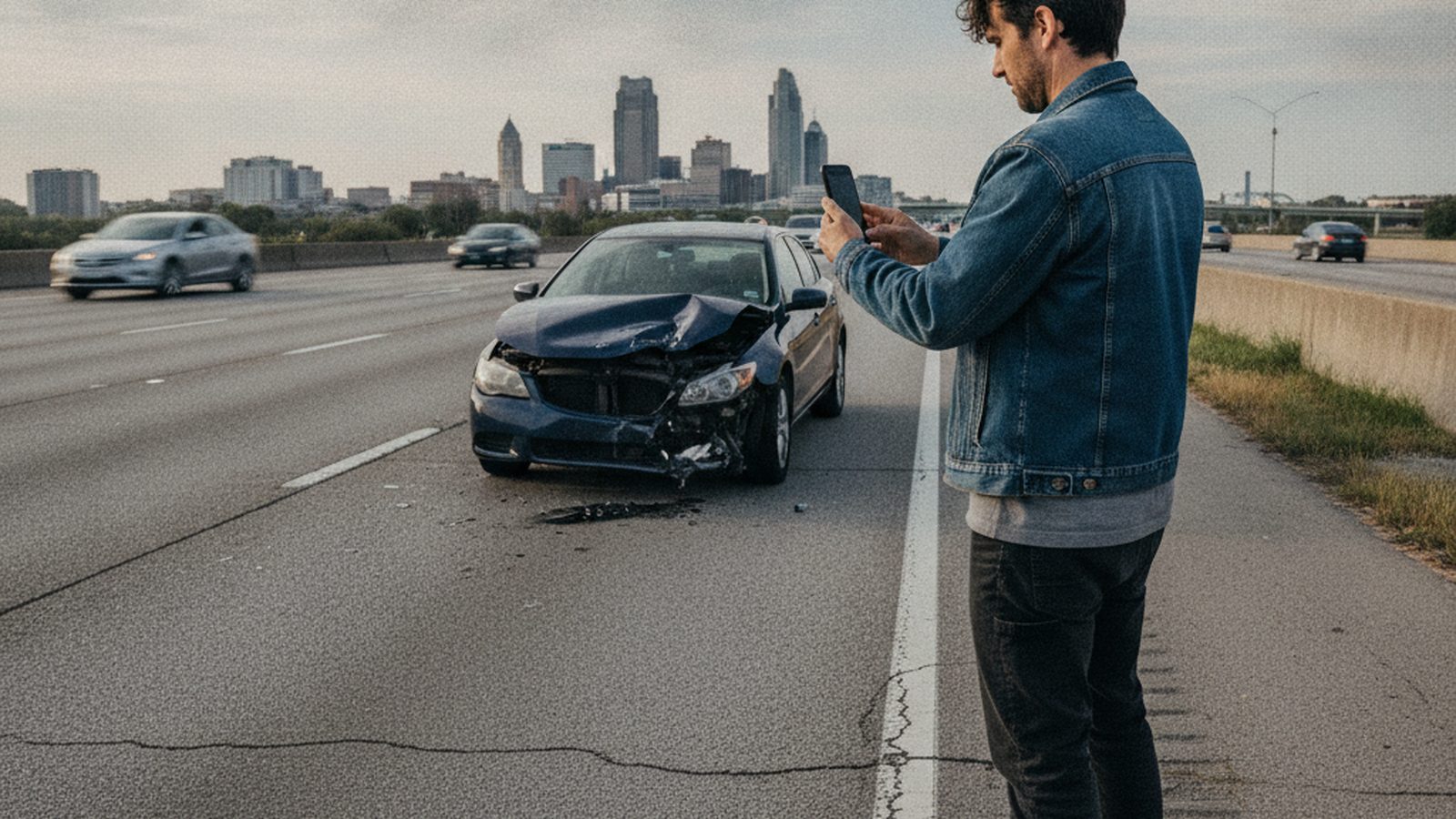 A driver standing safely on the shoulder of a road taking pictures of car damage with a smartphone.