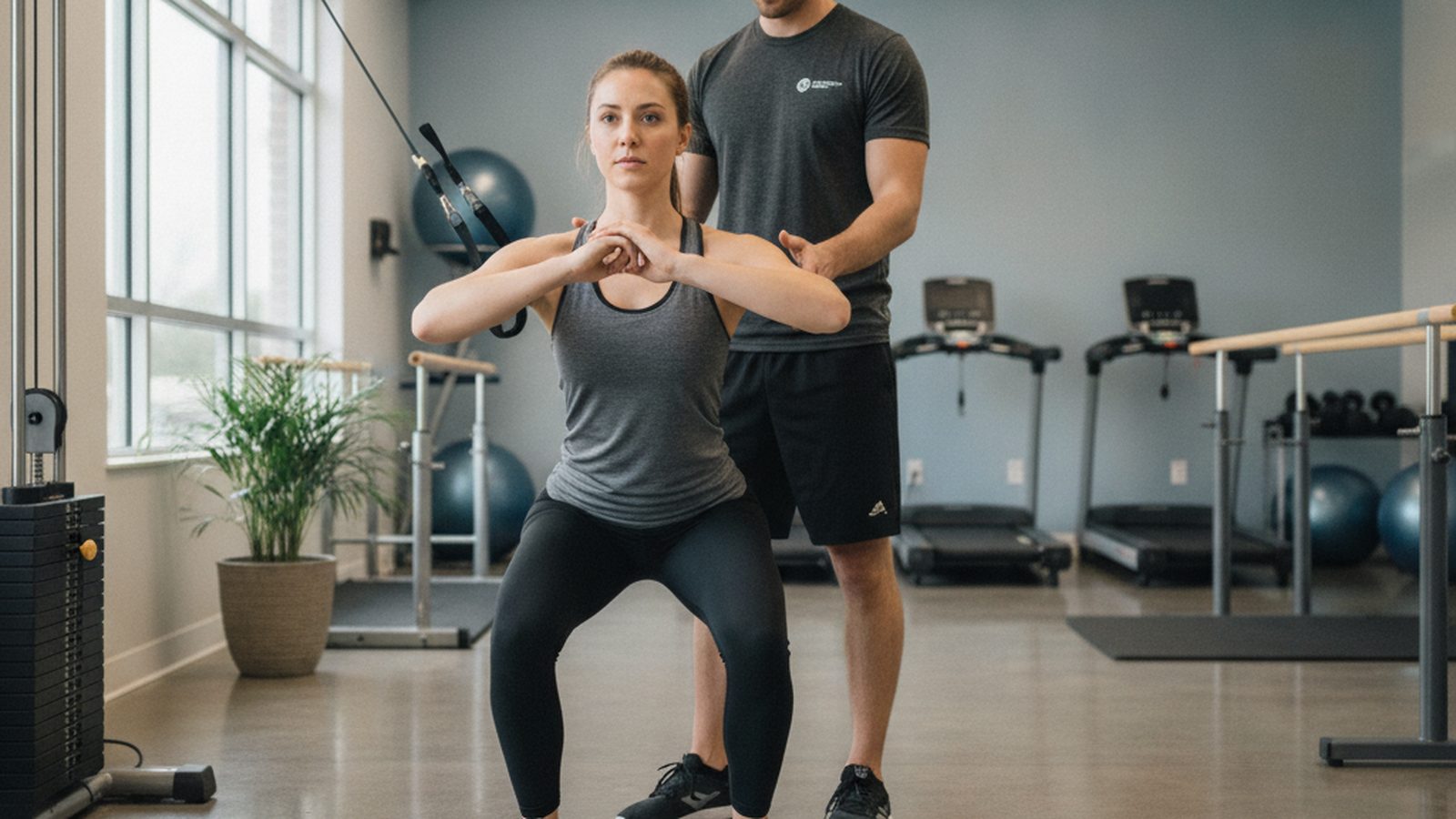 A patient works with a physical therapist in a well-lit, modern rehabilitation clinic.