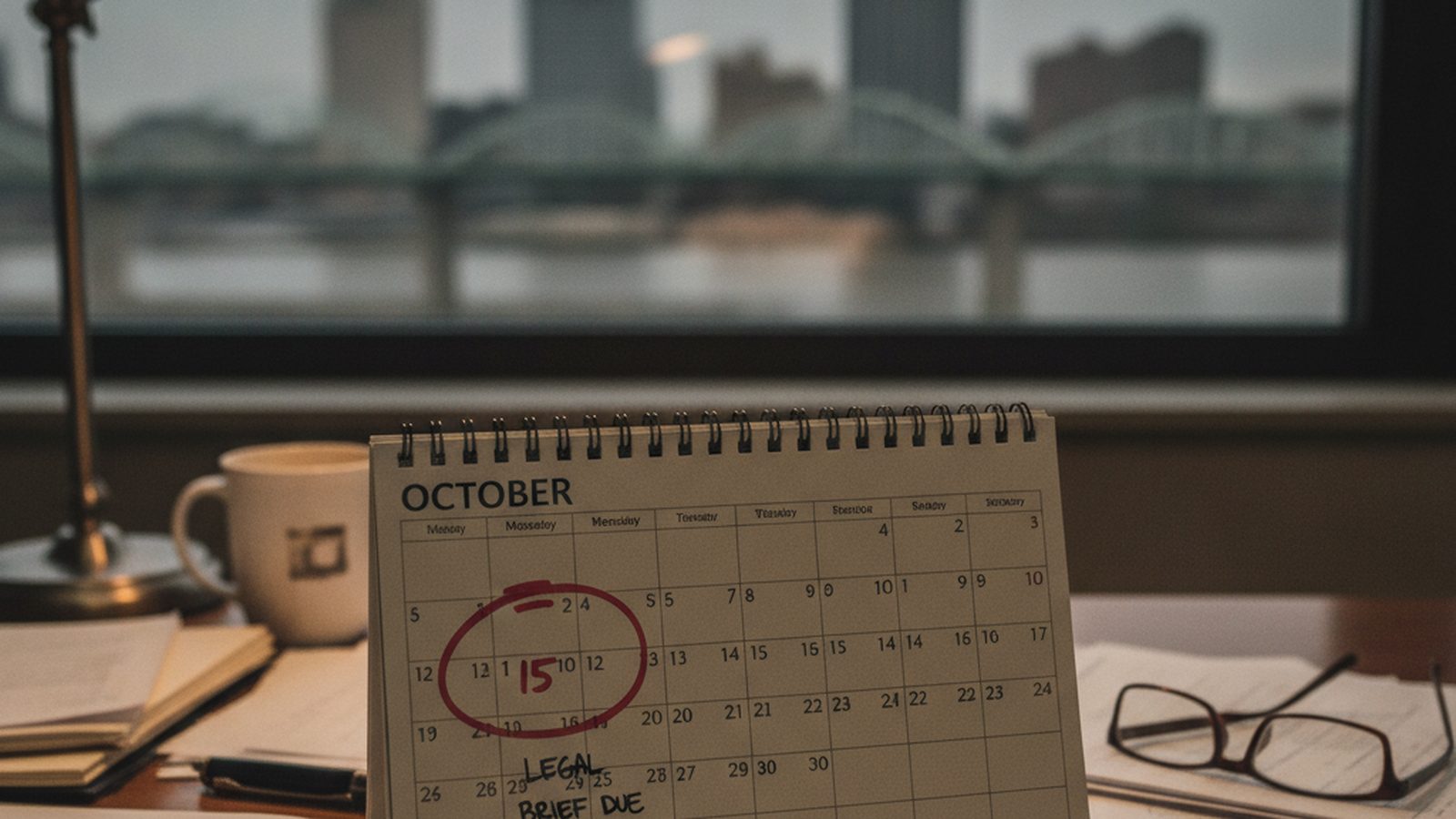A close-up of a desk calendar with a date circled in red marker, symbolizing a legal deadline.