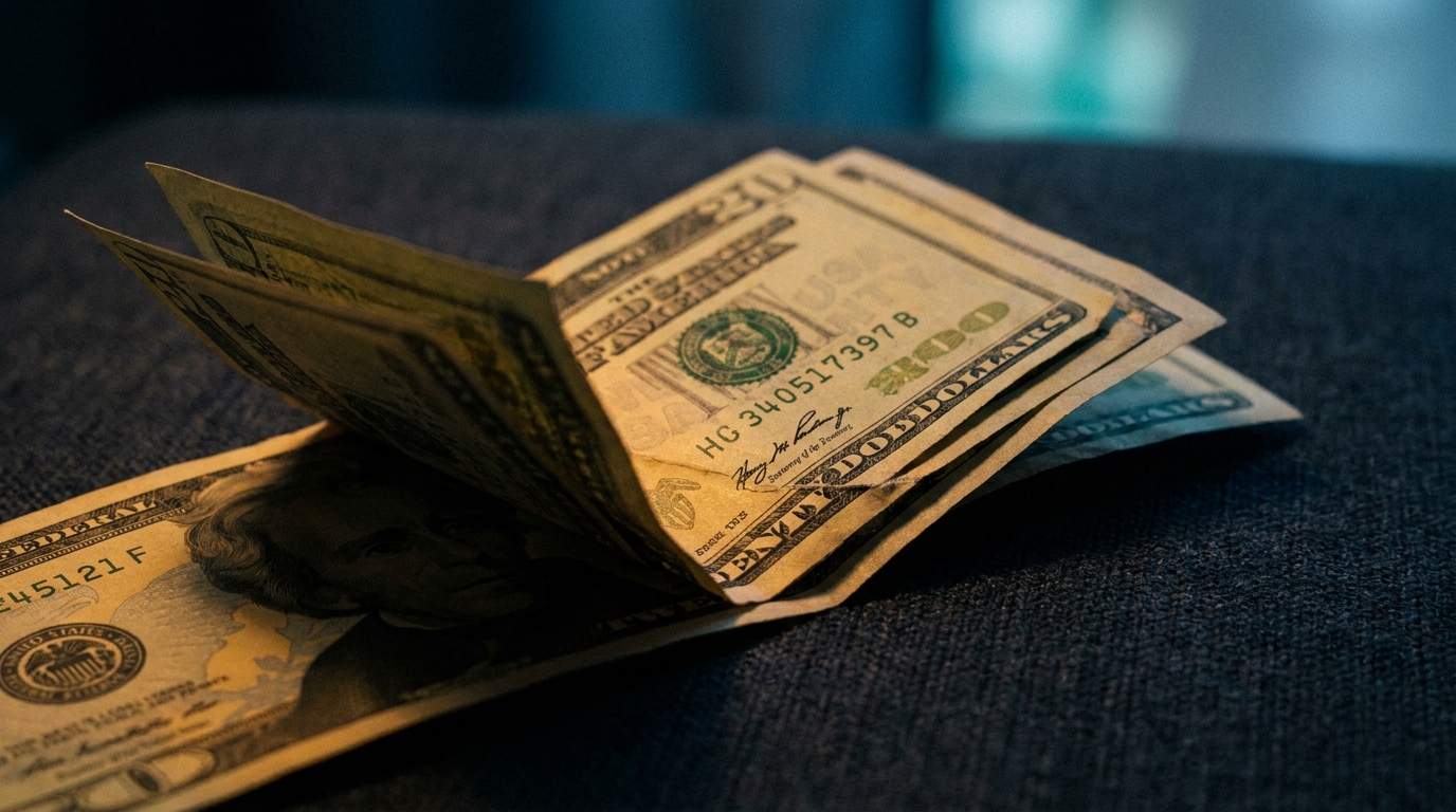 Folded US currency on a dark surface, lit warm - representing the lower 25% fee.