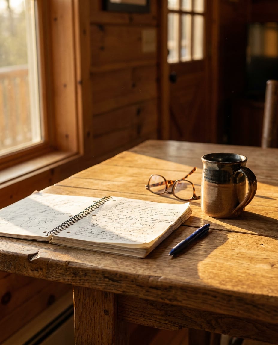 Handwritten notes, reading glasses and a coffee mug on a sunlit table.