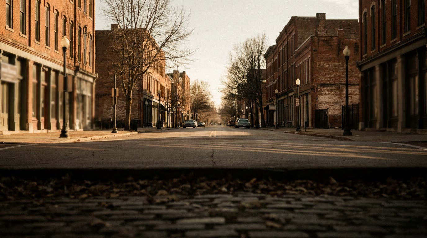 A historic Louisville brick street at golden hour.